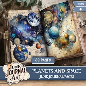 May include: Open junk journal with watercolour illustrations of planets and space. The journal features 83 pages and the text "Planets and Space Junk Journal Pages". The journal is bound with a clasp.