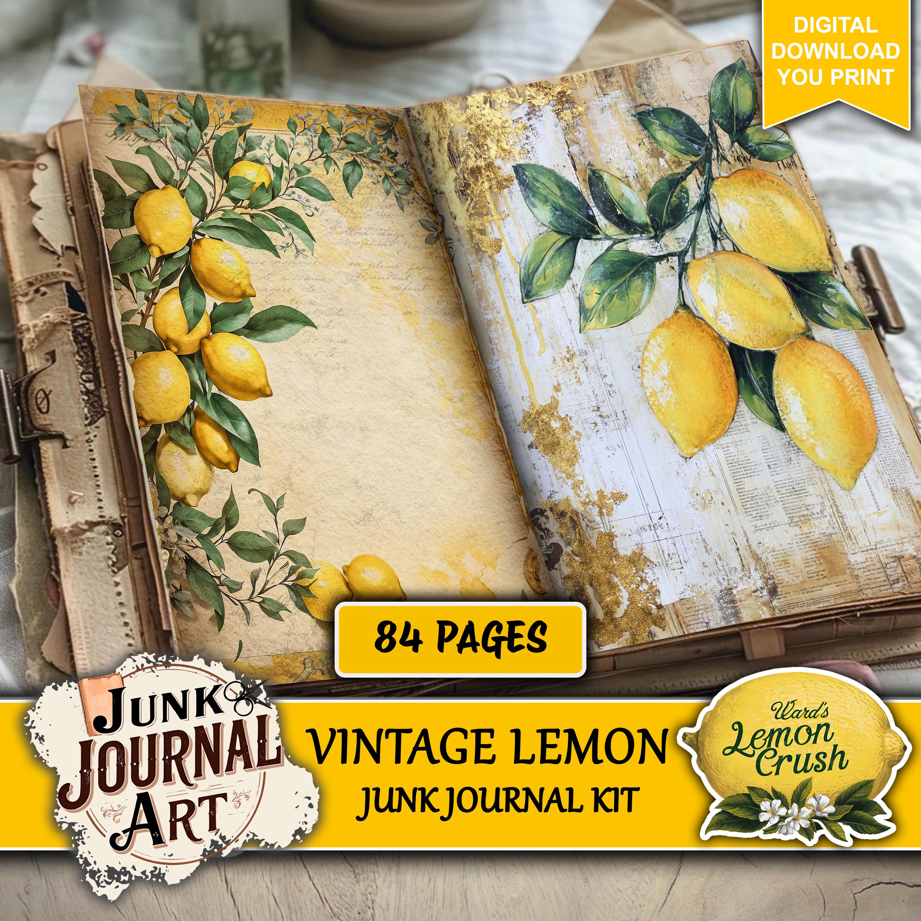 Vintage Lemon junk journal - junk journal supplies, junk journal kits, lemon ephemera, vintage junk journal sticker, tags, labels, printable