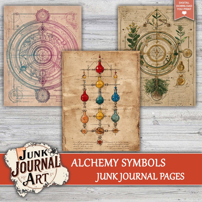 Alchemy Symbols Junk Journal Pages, Vintage Grimoire Kit, Printable ...