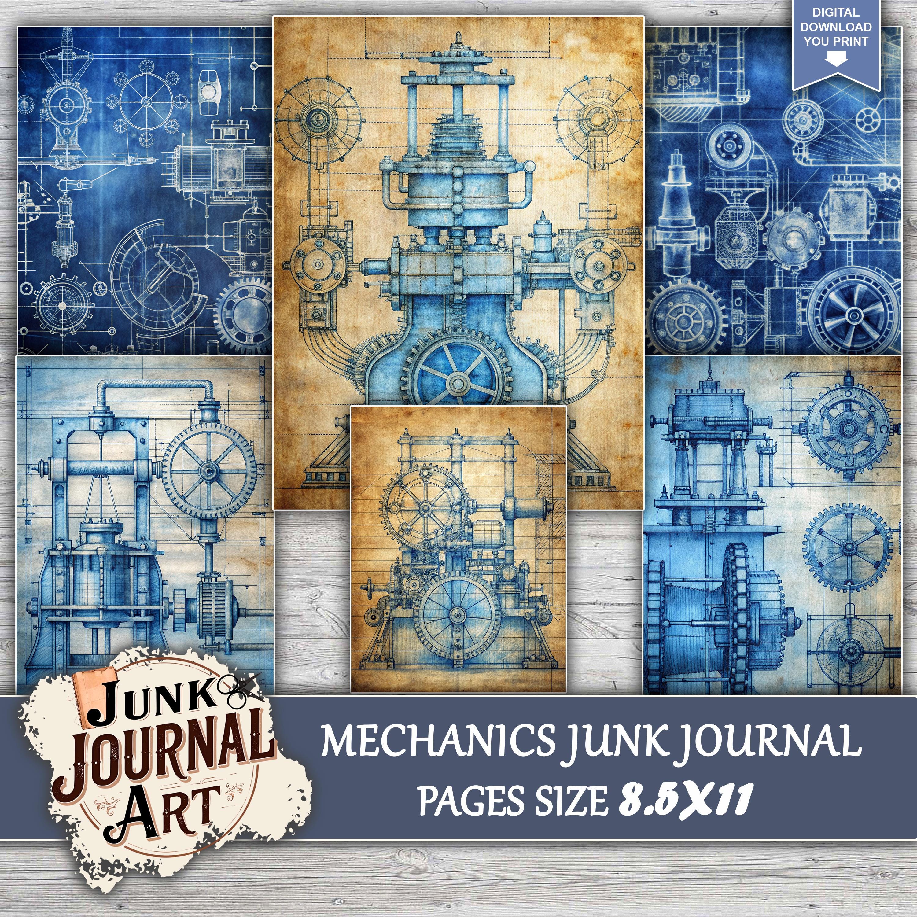 Steampunk Mechanics Junk Journal Kit - Industrial Blueprint Pages - Etsy