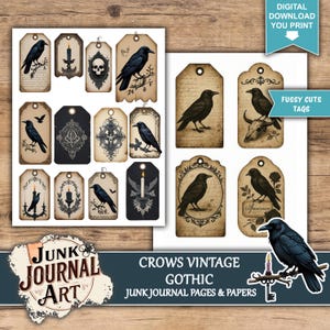 The image is a collection of vintage-style tags and pages featuring black silhouettes of birds, including crows, against a backdrop of Gothic-inspired designs. The tags and pages are described as "Junk Journal Art" and "Crows Vintage Gothic Junk Journal Pages & Papers", suggesting they are artistic and decorative items.