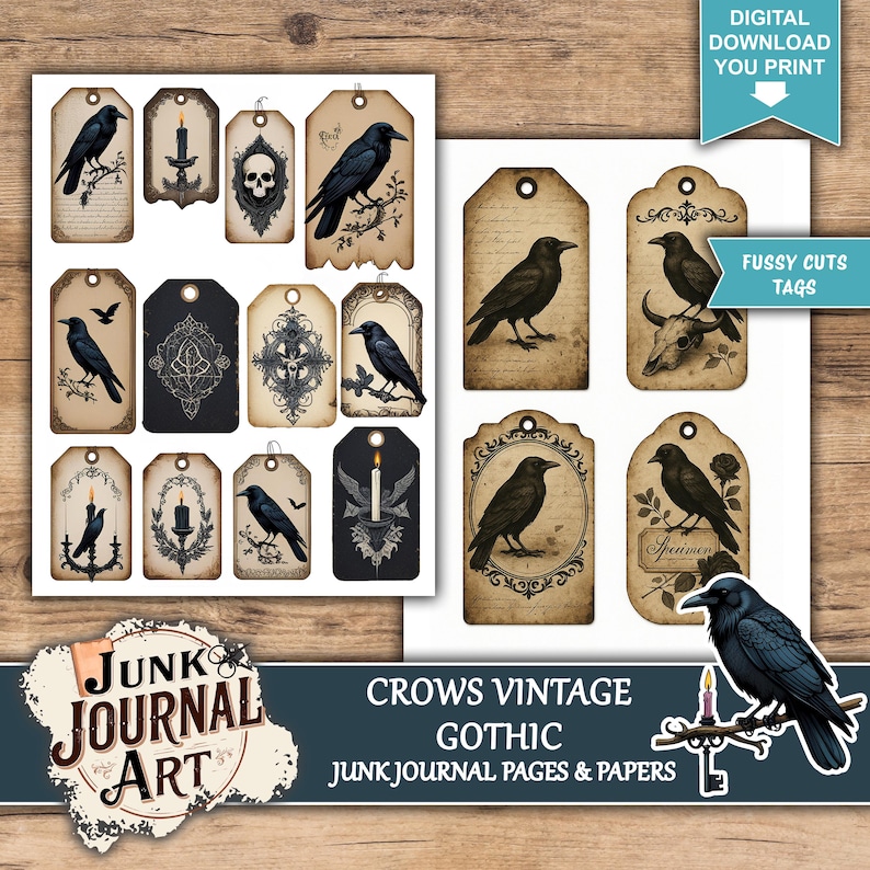The image is a collection of vintage-style tags and pages featuring black silhouettes of birds, including crows, against a backdrop of Gothic-inspired designs. The tags and pages are described as "Junk Journal Art" and "Crows Vintage Gothic Junk Journal Pages & Papers", suggesting they are artistic and decorative items.