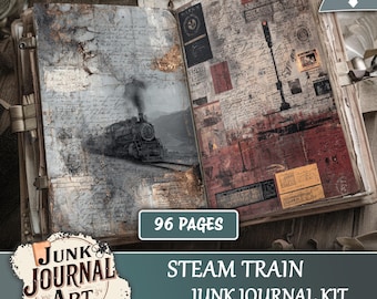 May include: An open junk journal with 96 pages, featuring a steam train illustration on one side and vintage ephemera on the other. The cover is aged with a distressed look. The journal is labeled "Steam Train Junk Journal Kit."