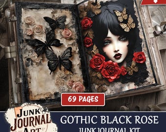Gothic Black Rose Junk Journal Kit, Dark Floral Printable Papers & Vintage Ephemera (94 Pages)
