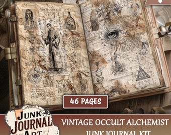 Puede incluir: Kit de diario basura vintage de alquimista oculto abierto con 46 páginas. Las páginas están envejecidas con ilustraciones de símbolos alquímicos, dibujos anatómicos y una imagen central de un ojo. La portada presenta el texto "Junk Journal Art" y "Vintage Occult Alchemist Junk Journal Kit."
