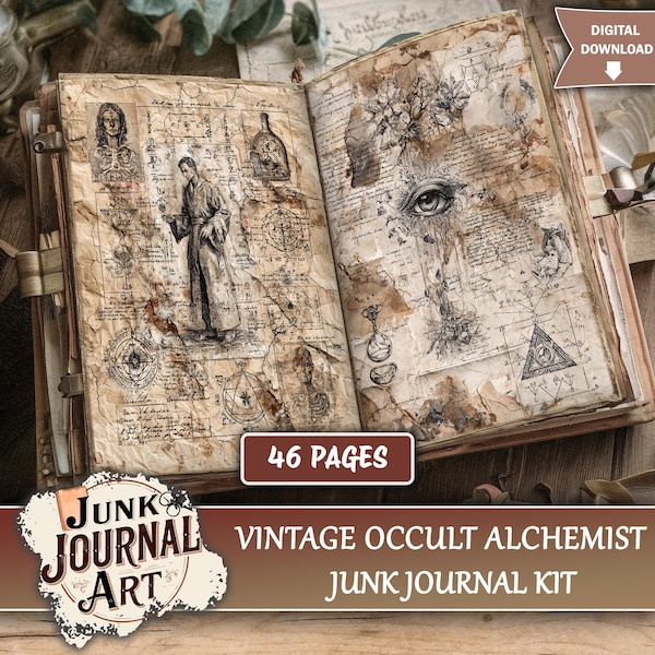 Vintages okkultes Alchemisten Junk Journal Druckbare Seiten - Magisches Spellbook Kit, Grimoire Ephemera, Esoterische Hexerei