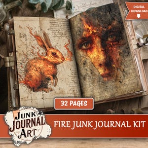 May include: Open junk journal kit with a fire theme. The left page features a rabbit engulfed in flames, while the right page shows a face with fire. The journal has 32 pages and is labeled "Fire Junk Journal Kit."