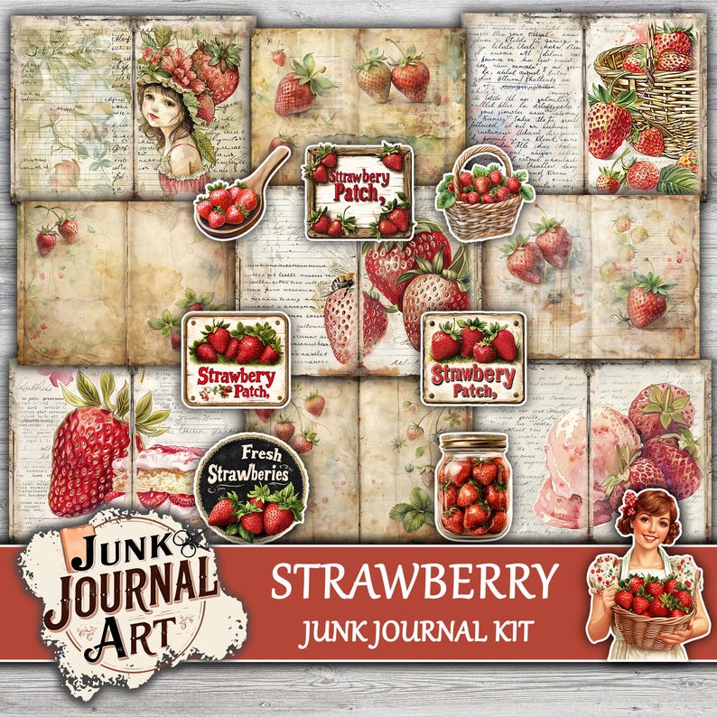 junk journal supplies, junk journal kits, junk journal ideas, junk journal paper, junk journaling kits, junk journaling, junk journal sticker, vintage junk journal, Strawberry journal, goose junk journal, Strawberry clipart, Fussy cuts, scrapbook