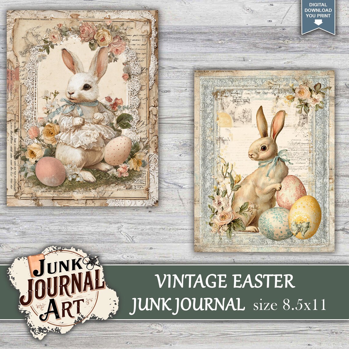 Easter Junk Journal Printable Pages - Vintage Rabbit and Floral Papers ...