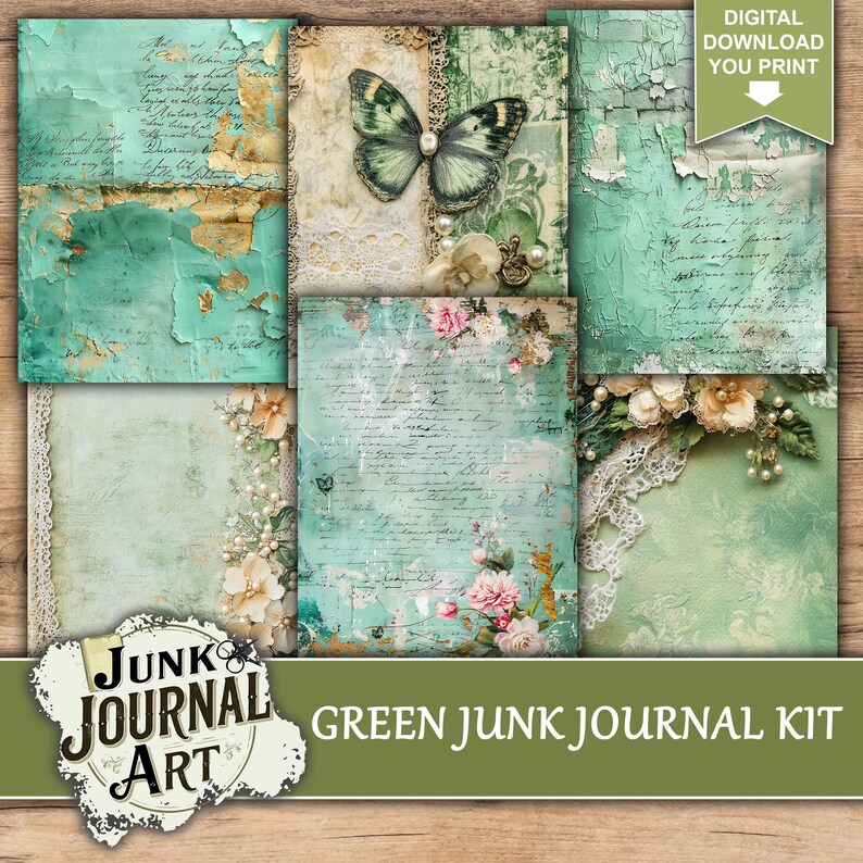 Green Junk Journal Kit, Vintage Botanical Scrapbook Papers, Emerald ...