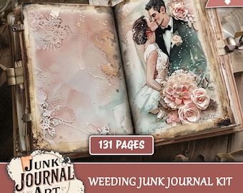 May include: Open junk journal kit with a vintage aesthetic. The pages feature watercolor illustrations of a kissing couple, lace, and floral accents. The cover is a worn, antique style with metal clasps. The kit includes 131 pages and is a digital download.