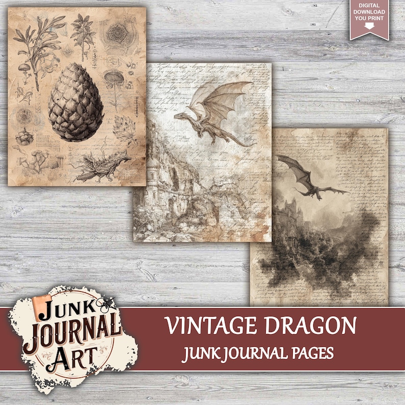 The image is a collage of three vintage-style illustrations, including a dragon, a plant, and a castle. The text "VINTAGE DRAGON JOURNAL ART" is displayed, indicating that these are junk journal pages featuring these vintage-style illustrations.
