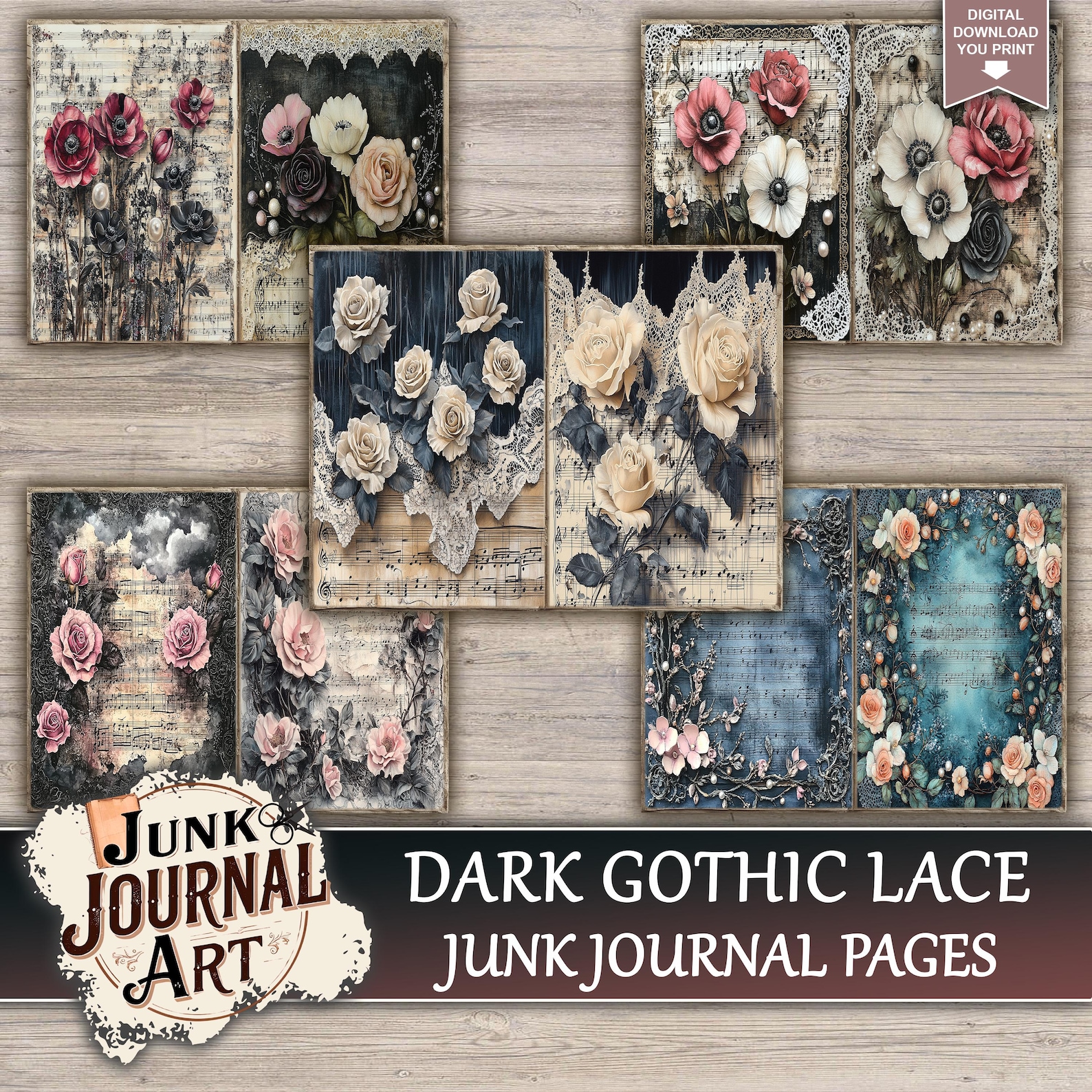 Dark Gothic Lace Junk Journal Printable Pages - Black Victorian Kit ...
