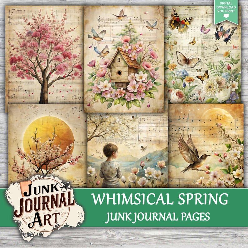 The image is a collage of six vintage-style photographs depicting various scenes related to spring, including a tree with pink blossoms, a bird, a house, and a landscape with a full moon.