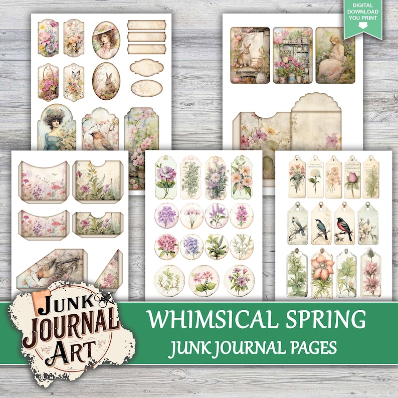 The image is a collage of various vintage-style floral and nature-themed images, including flowers, plants, and birds, arranged in a grid-like pattern. The collage appears to be a collection of junk journal pages, as indicated by the text "Whimsical Spring Junk Journal Pages" and "Junk Journal Pages" displayed prominently.