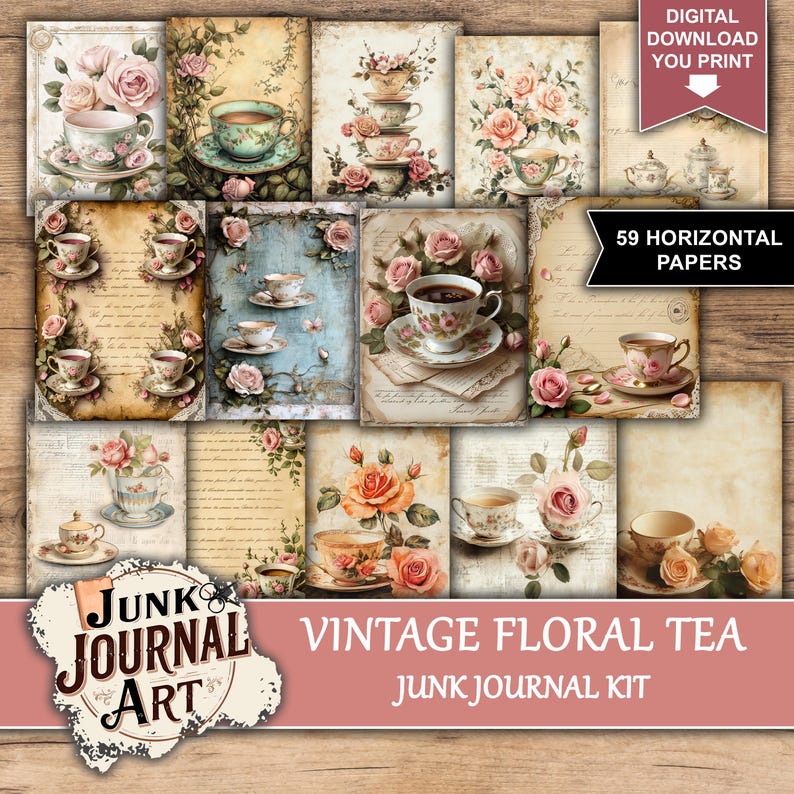 Vintage Floral Tea Junk Journal Kit, Stained Printable Papers, Ephemera ...