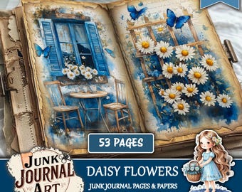 Daisy flower junk journal - junk journal supplies, junk journal kits, flower junk journal printables, Blue flowers junk journals, stickers