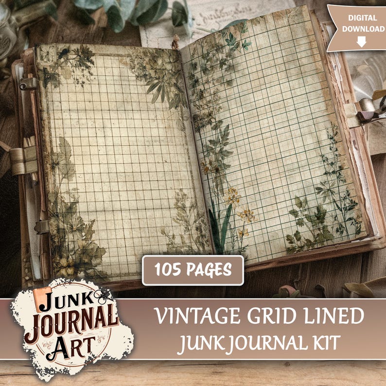Vintage Grid Lined Junk Journal Printable Pages - Notebook Paper ...