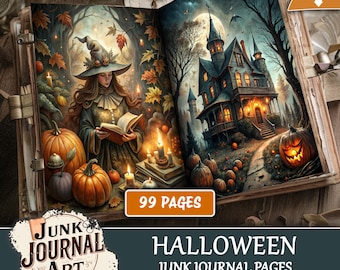 May include: Open junk journal with Halloween-themed illustrations. One page features a witch reading by pumpkins and candles. The other shows a haunted house with a full moon. The journal has 99 pages and the text "Halloween Junk Journal Pages".