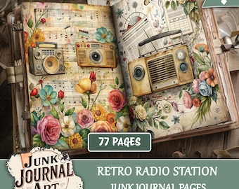 Retro Radio Junk Journal Pages, Junk journal supplies, junk journal kits, Vintage Music, Floral junk journal