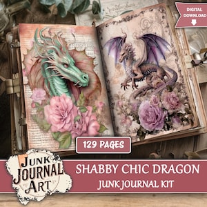 May include: Open junk journal kit with dragon illustrations and floral accents. The left page features a green dragon with pink roses, while the right page showcases a purple dragon with purple roses. The kit includes 129 pages and is labeled "Shabby Chic Dragon".