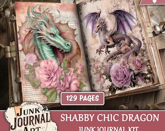 May include: Open junk journal kit with dragon illustrations and floral accents. The left page features a green dragon with pink roses, while the right page showcases a purple dragon with purple roses. The kit includes 129 pages and is labeled "Shabby Chic Dragon".
