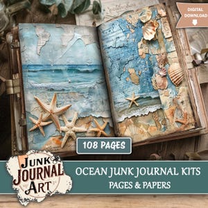 Op de afbeelding: Open junk journal met pagina's met oceaanthema. De pagina's bevatten een collage van blauwe oceaangolven, zeesterren en schelpen. Het tijdschrift heeft 108 pagina's en de tekst "Ocean Junk Journal Kits Pages & Papers".
