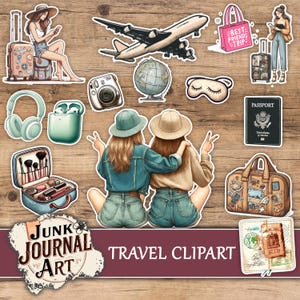 Travel clip art, Travel junk journal pages, clipart junk journal, Traveler Clipart, summer clipart, travel stickers, Scrapbooking, Girl trip