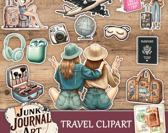 Puede incluir: Una colección de pegatinas de imágenes prediseñadas con temática de viajes sobre un fondo de madera. Incluye una maleta, un avión, un globo terráqueo, un pasaporte, un kit de maquillaje, auriculares y dos figuras. El texto "Best Friends Trip" está en una bolsa rosa.