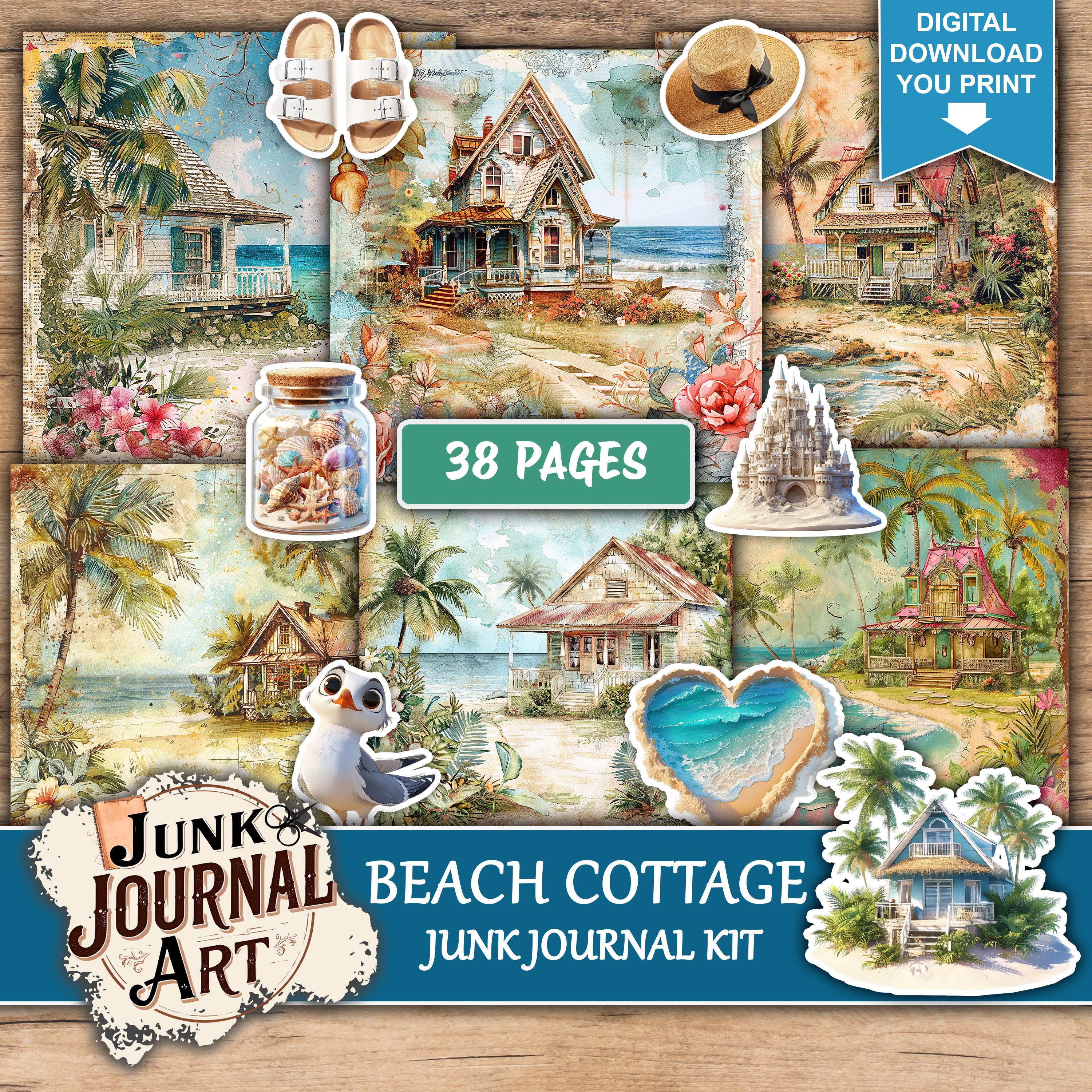 Vintage Beach Cottage Junk Journal Kit, Coastal Summer Scrapbook Papers ...