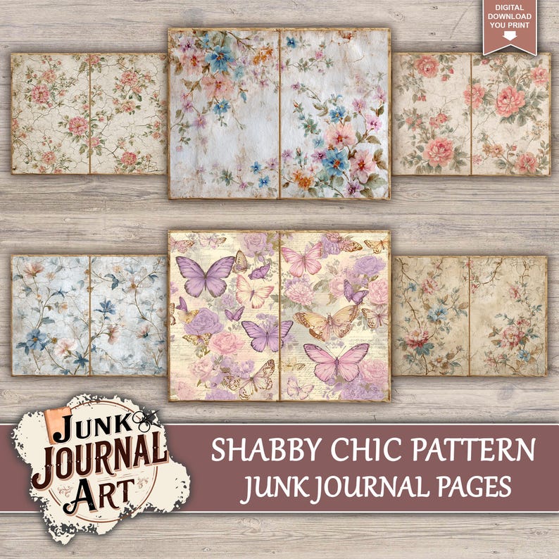 Shabby Chic Pattern Junk Journal Pages, Vintage Floral Kit, Pink Rose ...