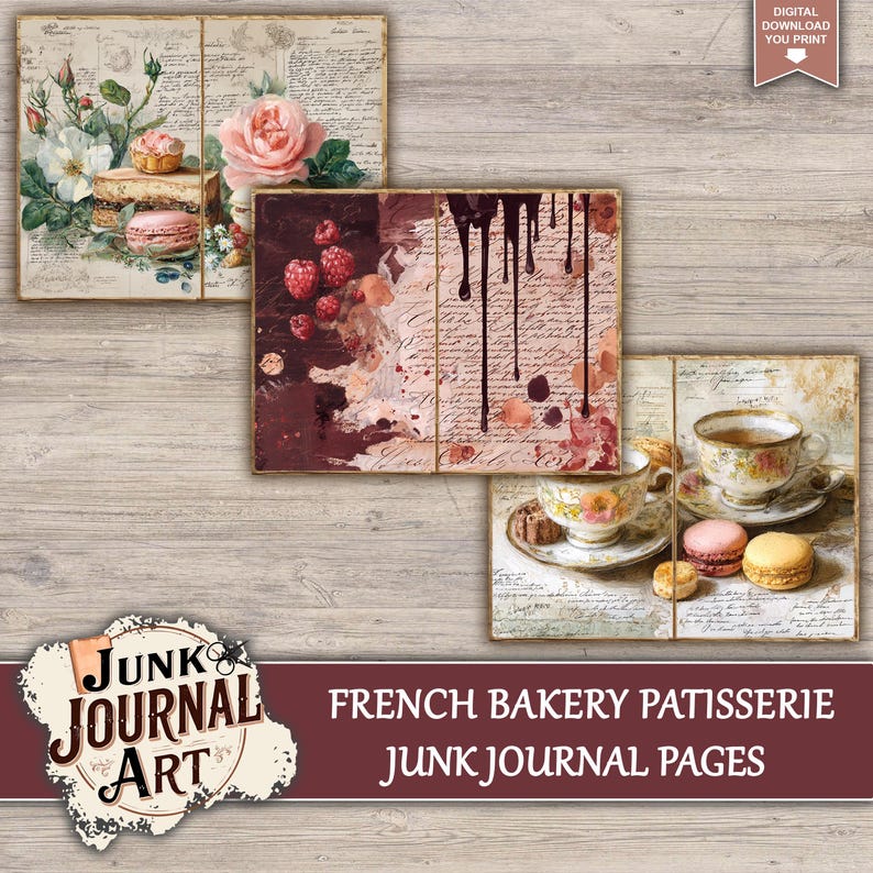 junk journal supplies, junk journal kits, junk journal paper, junk journal pages, Vintage Junk journal, French Bakery, Vintage Patisserie, Croissant Paper, Macaroon Art, Food Junk Journal, Kitchen Scrapbook, Cafe Storefront, fussy cuts