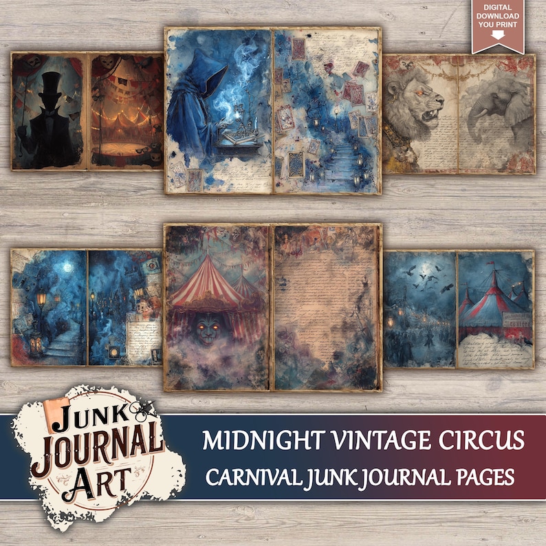Midnight Vintage Circus Junk Journal Printable Pages, Dark Carnival ...