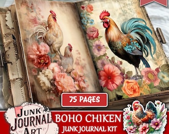 Boho Chickens junk journal - junk journal supplies, junk journal kits, boho junk journal pages, chicken stickers, tags, printable, Farm life