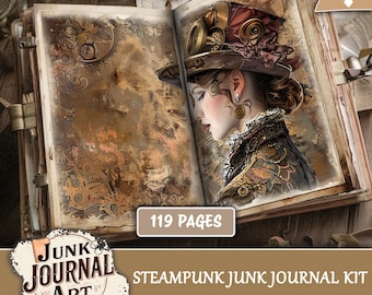 May include: Open junk journal with a steampunk theme. The right page features a portrait of a woman in a detailed hat and ornate clothing. The left page has a sepia-toned design with gears and other mechanical elements. Text reads "119 PAGES" and "STEAMPUNK JUNK JOURNAL KIT."