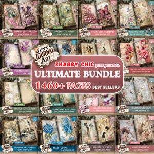 May include: A digital junk journal kit bundle featuring 1460+ pages across multiple themes including dragons, butterflies, flowers, horses, and dogs. Each kit displays open book layouts with vintage-style illustrations, floral patterns, and textures.