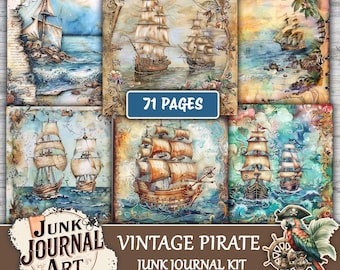 Kit de diario de recortes pirata vintage, papeles de scrapbooking náutico, efímeros de barcos y mapas del tesoro, recortes de precisión con motivos oceánicos.