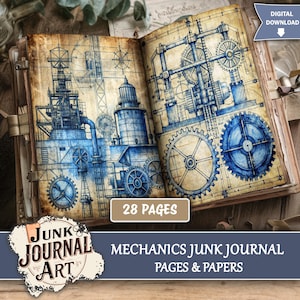 Steampunk Mechanics Junk Journal Kit - Industrial Blueprint Pages