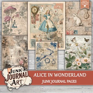 The image is a collage of various vintage-style illustrations and text, including a woman in a blue dress, a rabbit, flowers, and other decorative elements. The collage appears to be a collection of junk journal pages, with a focus on the theme of Alice in Wonderland.