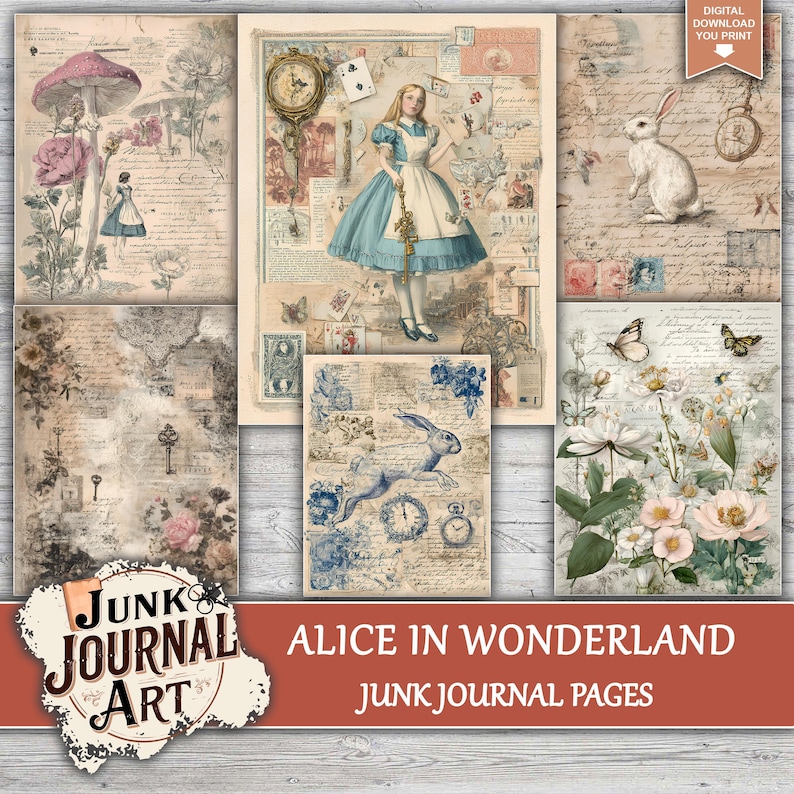 The image is a collage of various vintage-style illustrations and text, including a woman in a blue dress, a rabbit, flowers, and other decorative elements. The collage appears to be a collection of junk journal pages, with a focus on the theme of Alice in Wonderland.