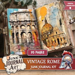 May include: Open vintage journal with watercolor illustrations of Roman architecture. The left page features the Colosseum, while the right page showcases a domed building. The journal is labeled "Vintage Rome Junk Journal Kit" and has 95 pages.