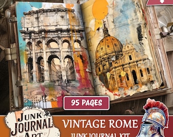 May include: Open vintage journal with watercolor illustrations of Roman architecture. The left page features the Colosseum, while the right page showcases a domed building. The journal is labeled "Vintage Rome Junk Journal Kit" and has 95 pages.