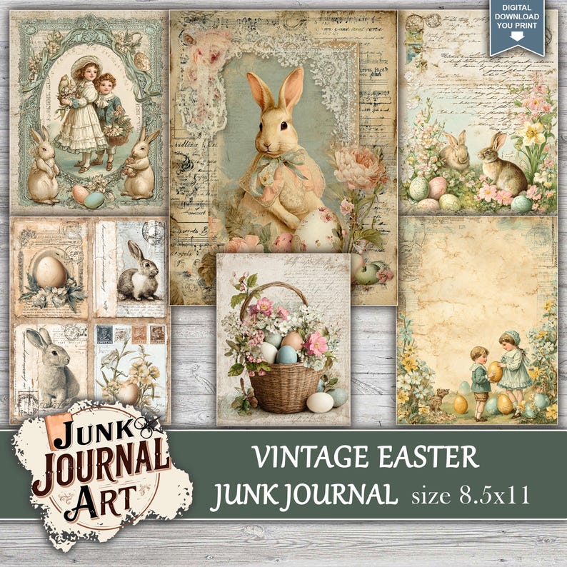 Easter Junk Journal Printable Pages - Vintage Rabbit and Floral Papers ...