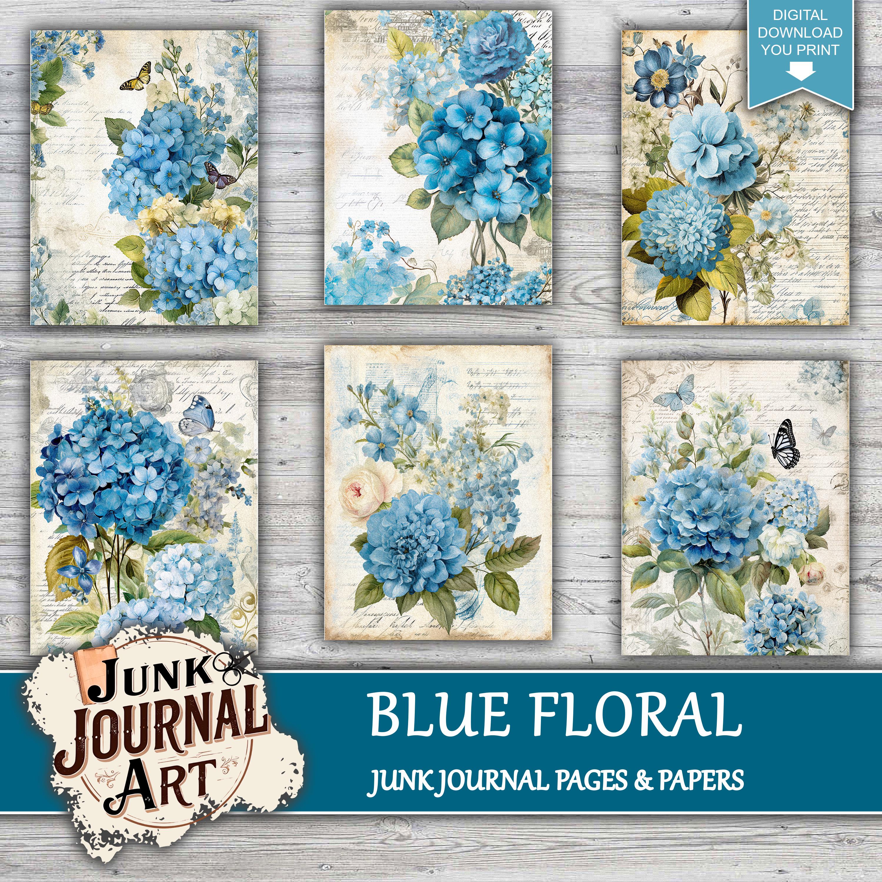 Vintage Blue Rose Junk Journal Kit, Shabby Chic Floral Scrapbook Papers ...