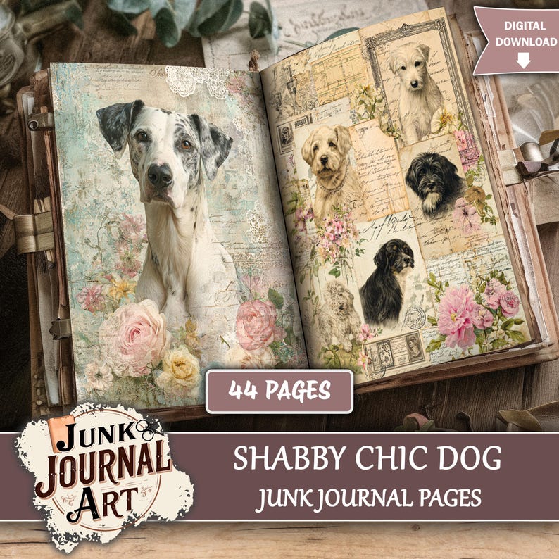 Shabby Chic Dog Junk Journal Pages, Floral Puppy Journal, Cute Pet ...