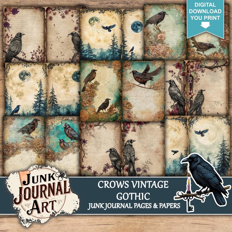 The image is a collage of various vintage-style photographs featuring black birds, including crows, against a backdrop of nature elements such as trees, flowers, and moonlit landscapes.