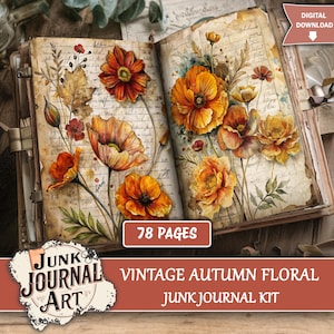 Könnte beinhalten: Offenes Vintage-Journal mit 78 Seiten, mit Aquarellillustrationen von orangefarbenen und gelben Herbstblumen. Das Journal trägt die Aufschrift "Vintage Autumn Floral Junk Journal Kit" und "Junk Journal Art."