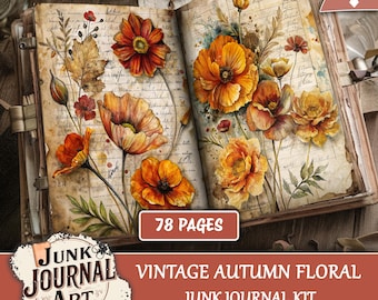 Autumn Floral Junk Journal, junk journal supplies, junk journal kits, vintage floral, Fall, Rustic Scrapbook Kit, Old Rustic Paper