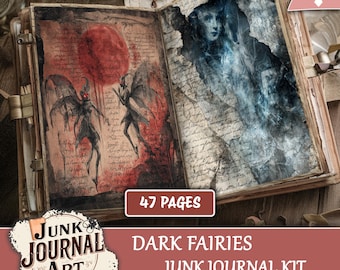 May include: Open junk journal kit with a dark fantasy theme. The pages feature illustrations of dark fairies, a red moon, and a ghostly figure. The cover reads "Dark Fairies Junk Journal Kit" and "47 Pages".