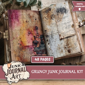 May include: Open junk journal with aged paper pages. The left page has a watercolor design with bottles. The right page features handwritten script and stamps. The journal is labeled "48 pages" and "Grungy Junk Journal Kit."